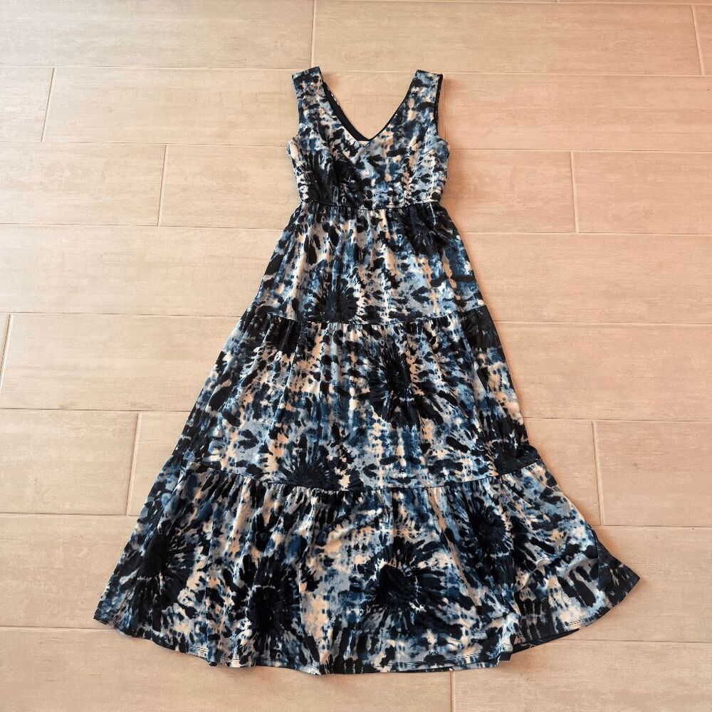Emma & Michelle Maxi Dress Sleeveless V-Neck Abstract Blue Black Pattern Small